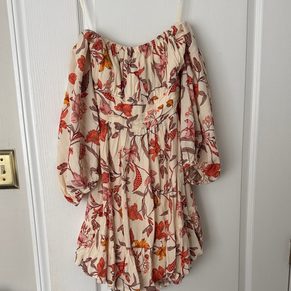 Hello Molly Floral Off-Shoulder Mini Dress - Cream, Orange & Red